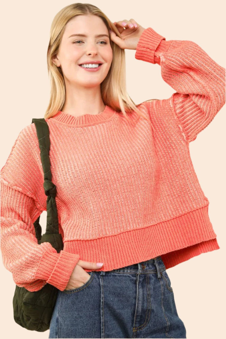 VERY J Exposed Seam Cropped Striped Slit Sweater In Coral