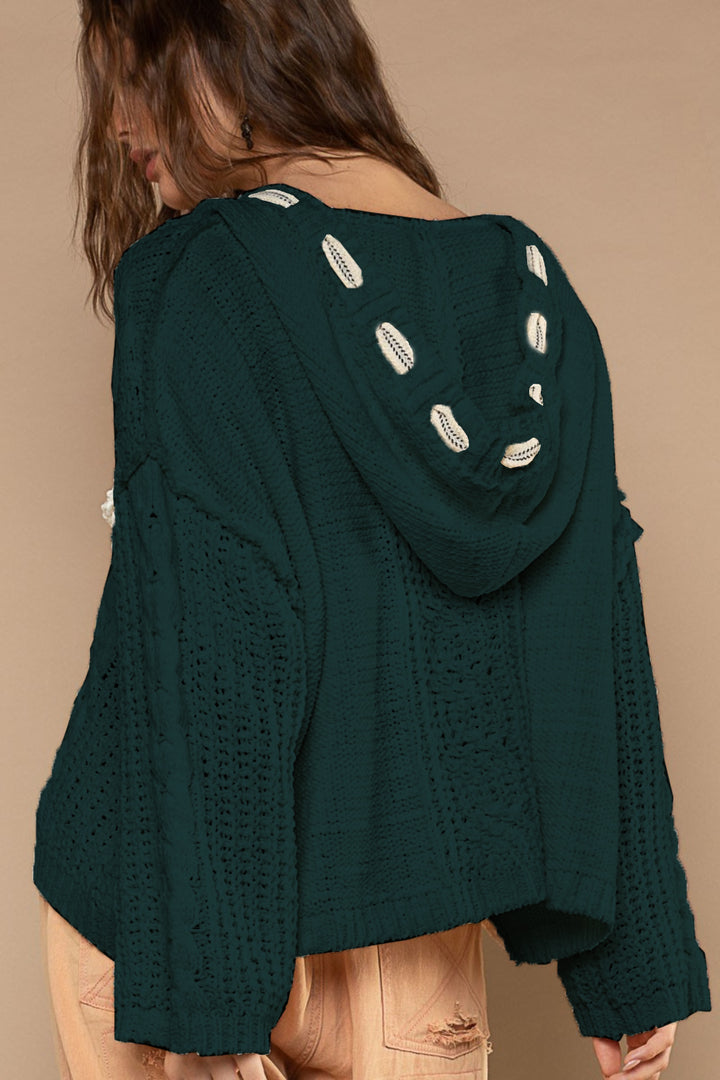 POL Cable Knit Hooded Chenille Sweater In Deep Forest