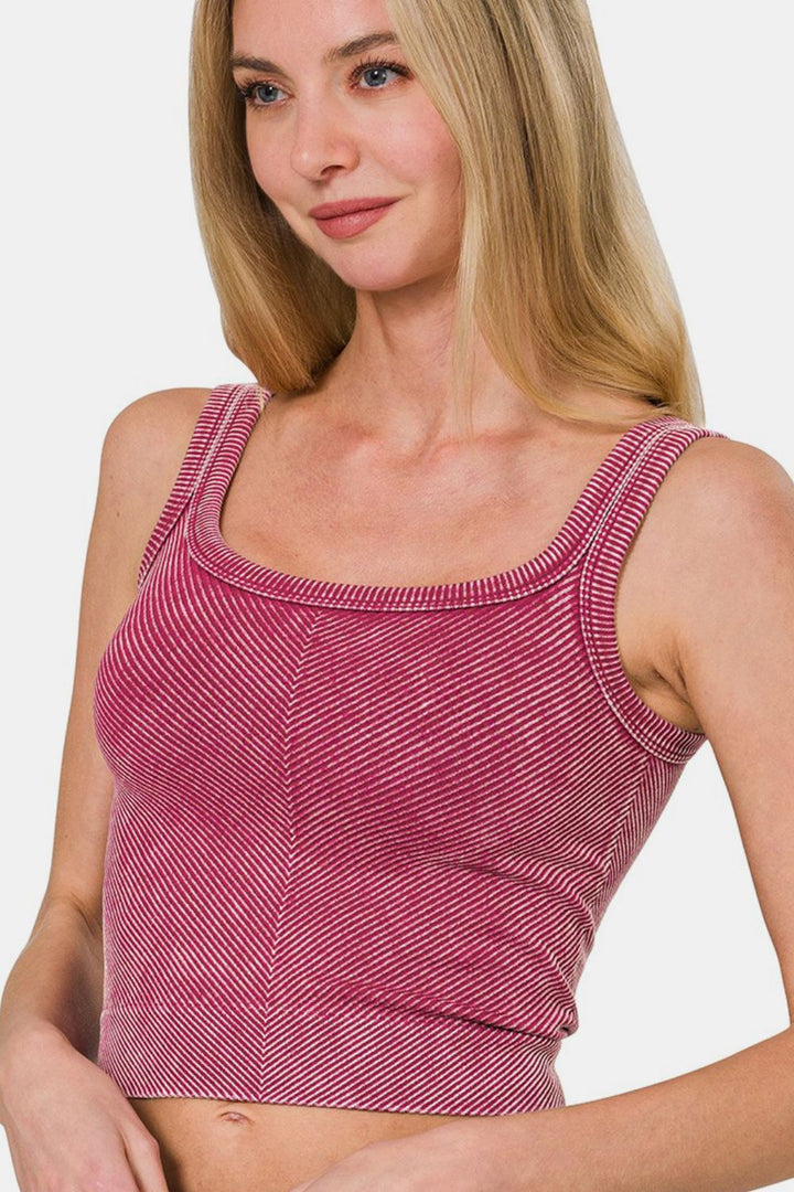 Zenana Washed Ribbed Scoop Neck Wide Strap Tank In Burgundy