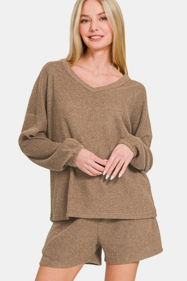 Zenana Ribbed Top and Shorts Set In Camel