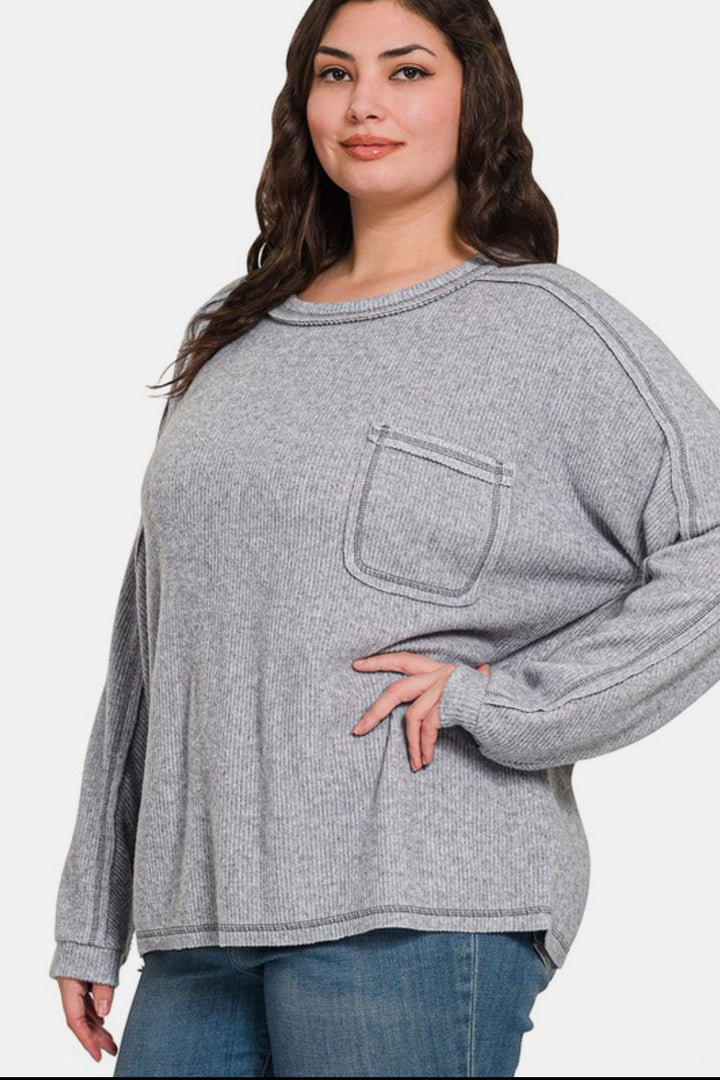 Zenana Brushed Ribbed Hacci Knit Top In Gray