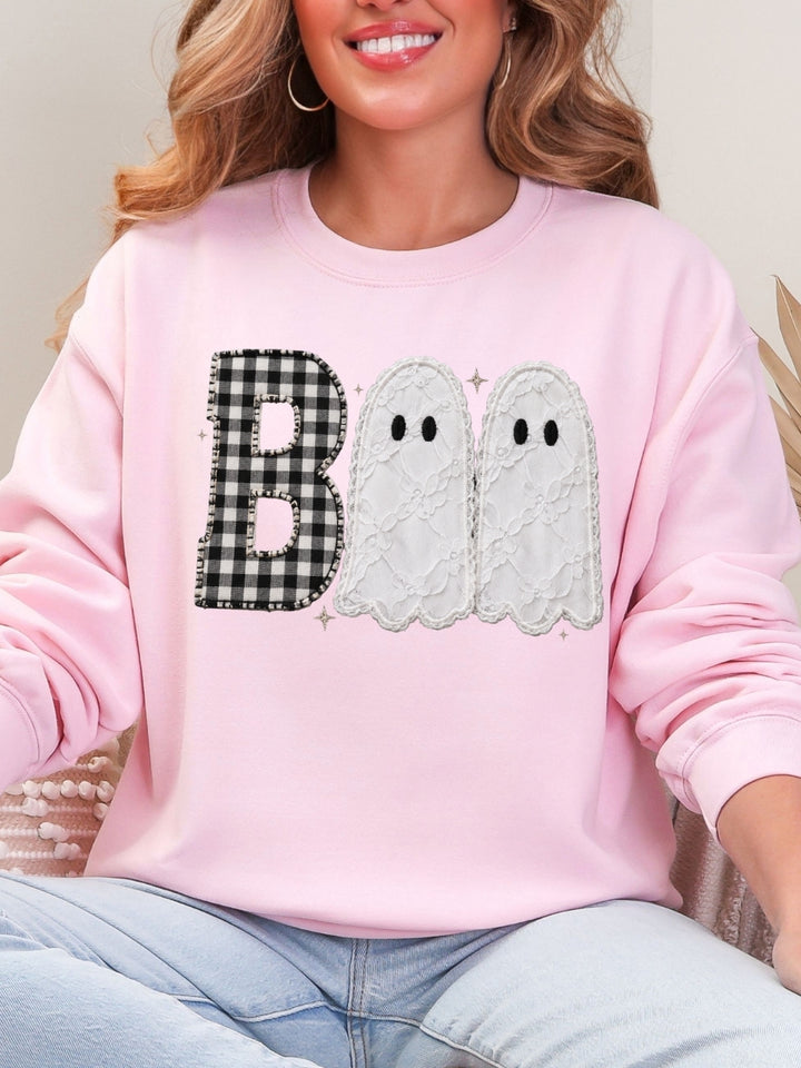 Retro Boo Faux Patchwork Graphic Crewneck Sweatshirt