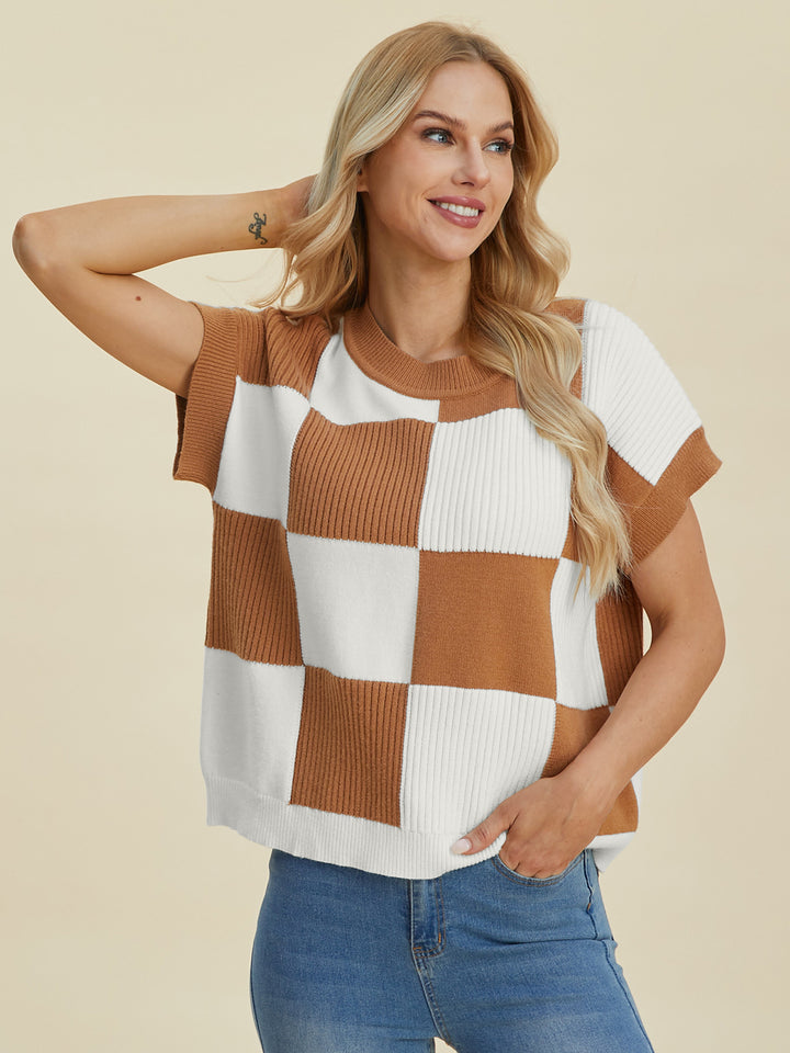 Double Take Checkered Short Sleeve Sweater