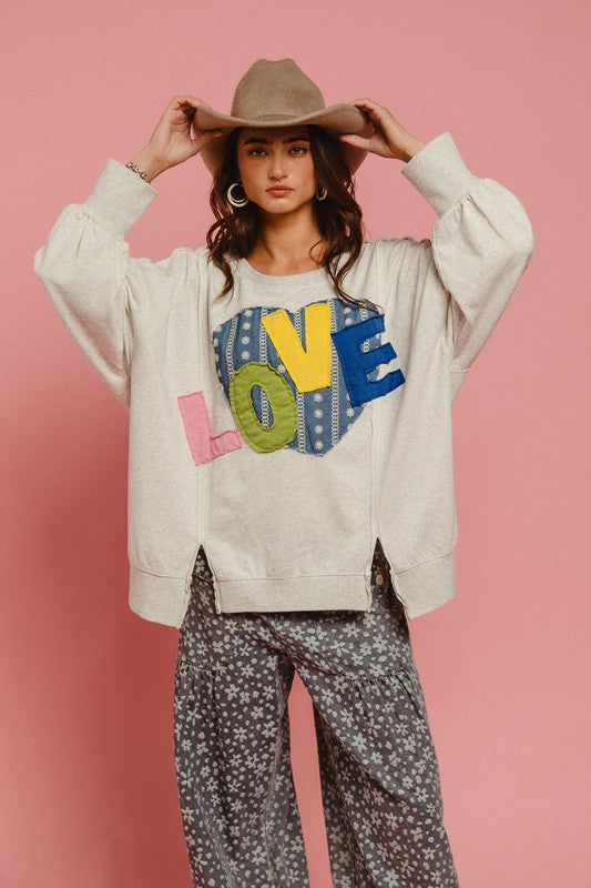 BiBi LOVE Heart Patch Slit French Terry Sweatshirt In Light Gray