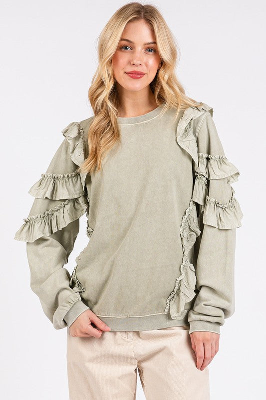 Mittoshop Ruffled Mineral Washed Sweatshirt In Sage