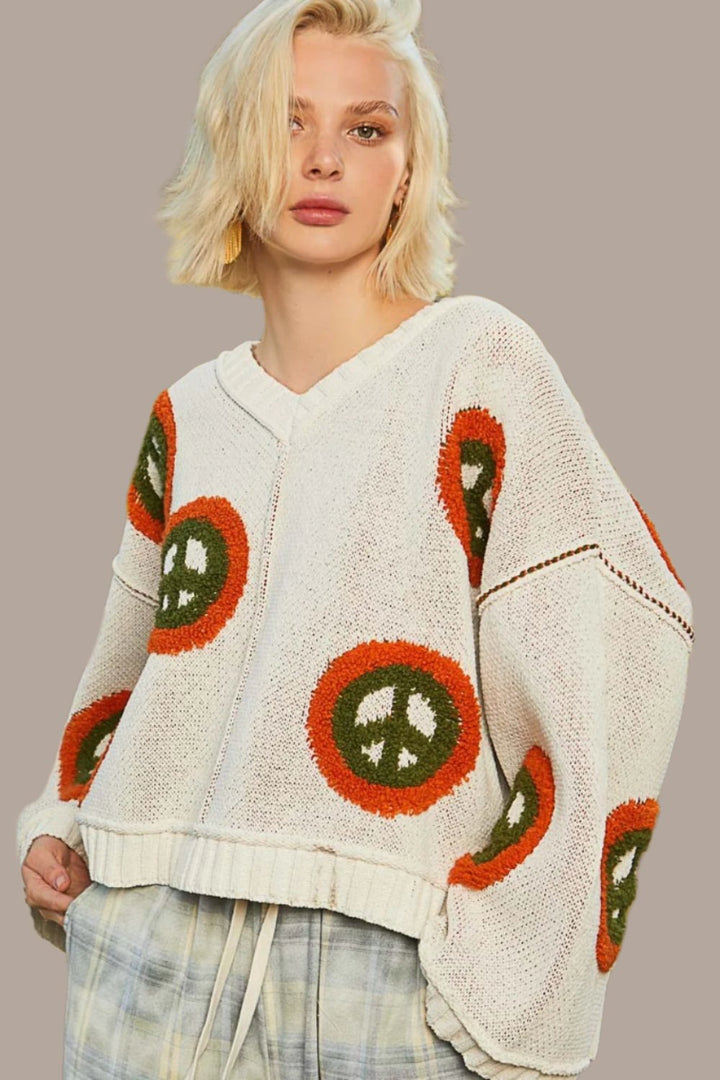 POL V Neck Long Sleeve Peace Pattern Sweater In Cream