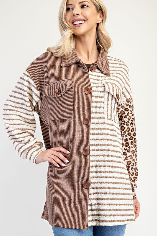 Celeste Leopard Contrast Button Up Shacket In Taupe