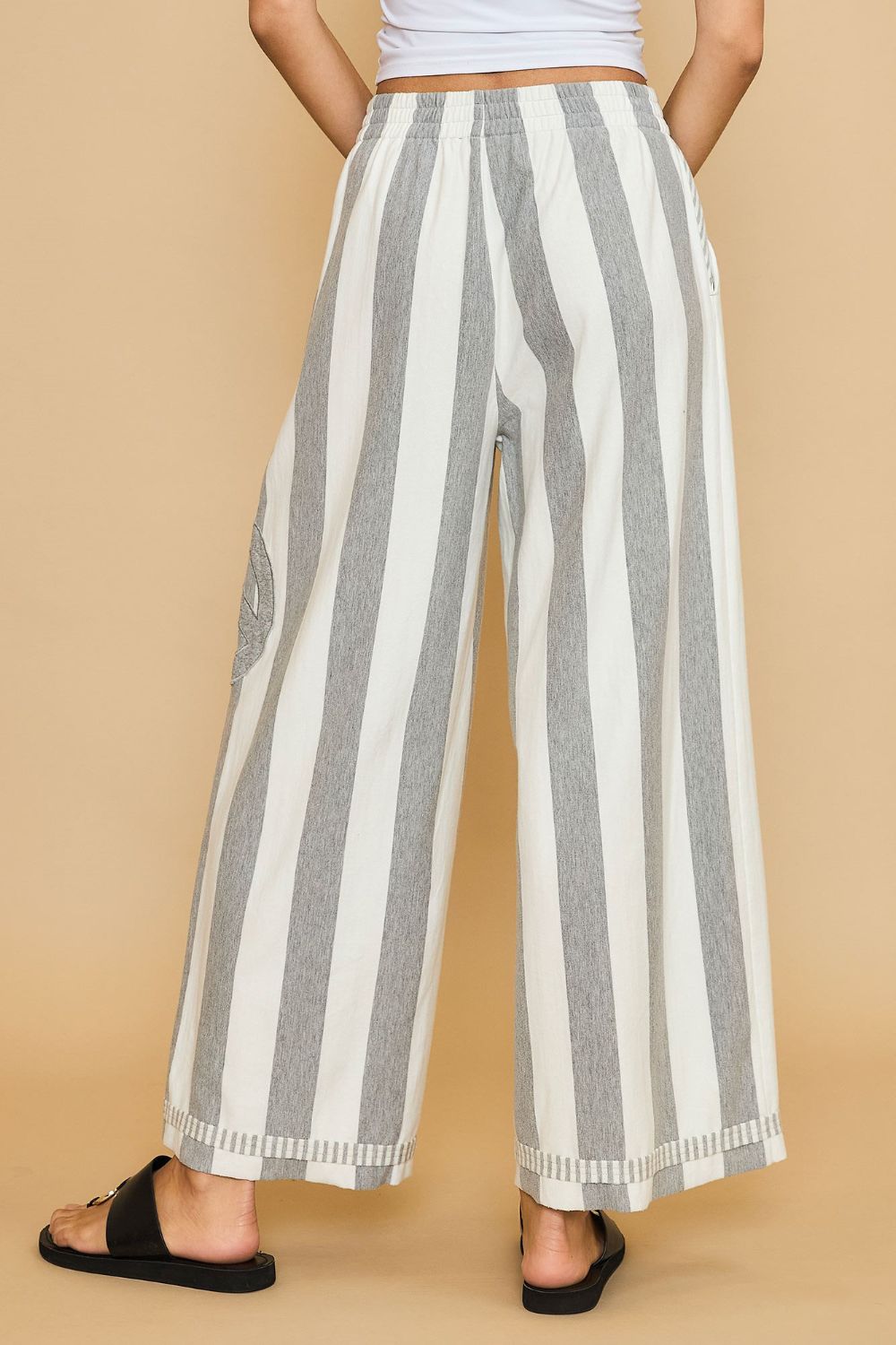 Umgee Peace Sign Patch Striped Wide Leg Pants In Gray