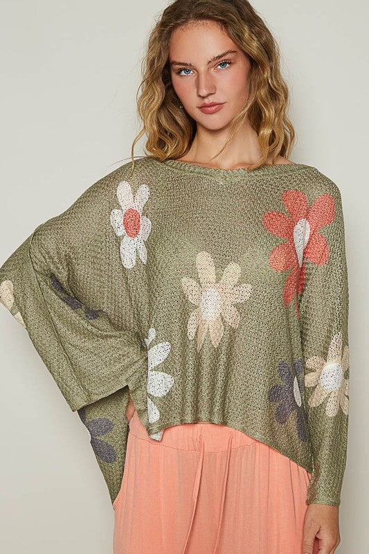 POL Flower Dropped Shoulder Knit Top In Olive