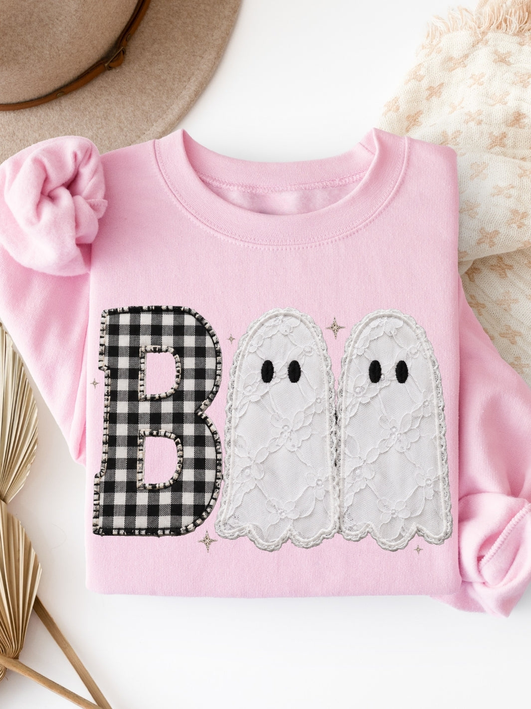 Retro Boo Faux Patchwork Graphic Crewneck Sweatshirt