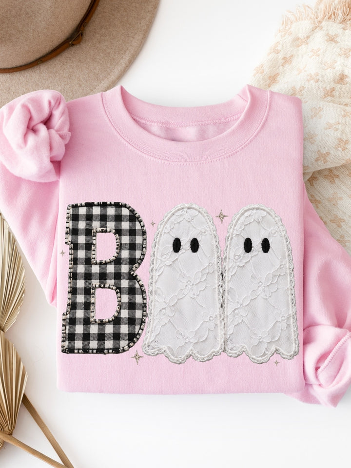 Retro Boo Faux Patchwork Graphic Crewneck Sweatshirt