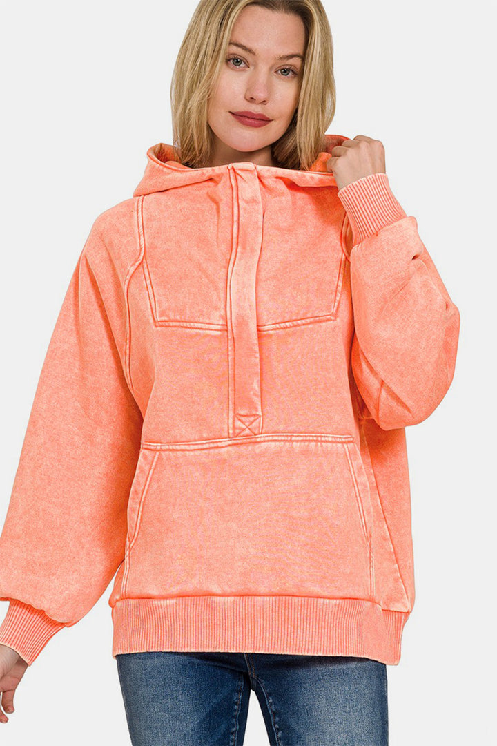 Zenana Acid Wash Fleece Kangaroo Hoodie In Coral