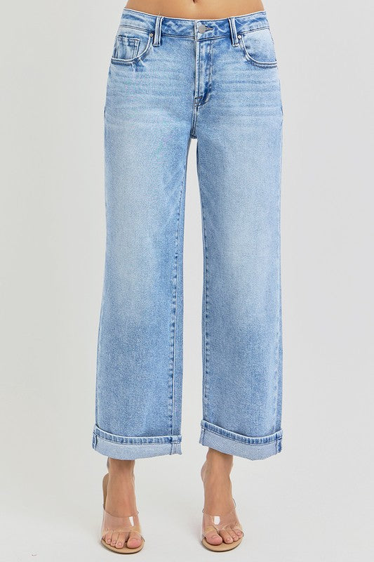 RISEN Ankle Wide Leg Cuffed Jeans In Light Wash