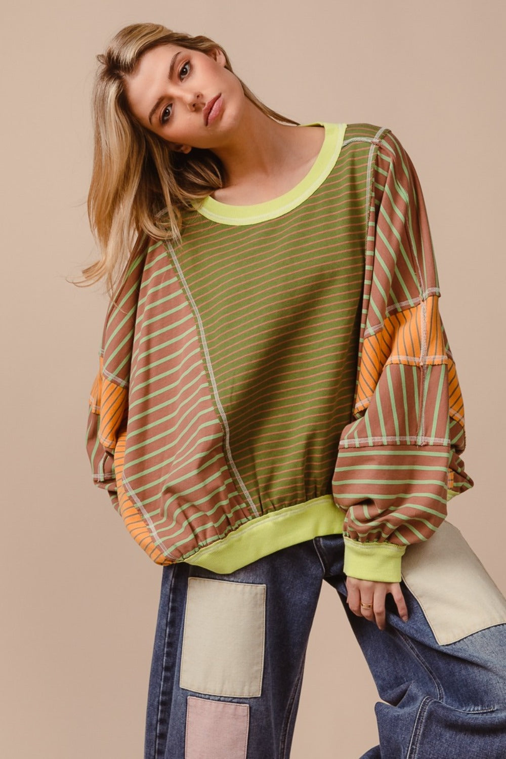 BiBi Color Block Striped Round Neck Sweatshirt In Olive