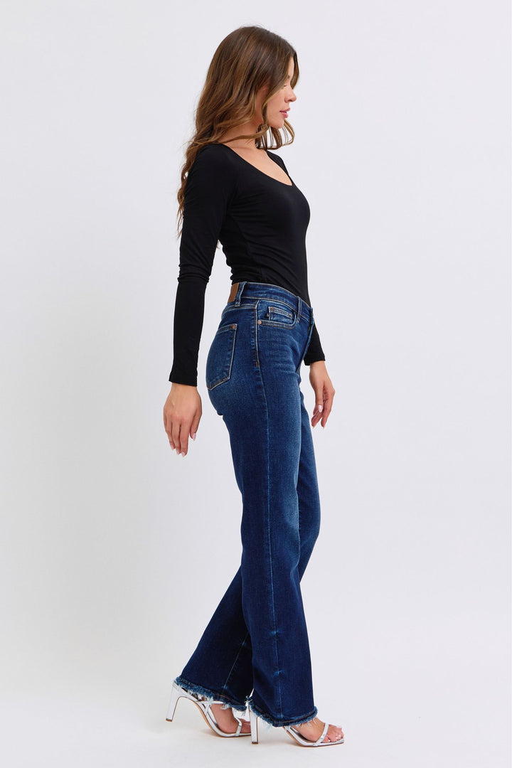 Judy Blue Jacqueline Mid Rise Frayed Hem Straight Leg Jean