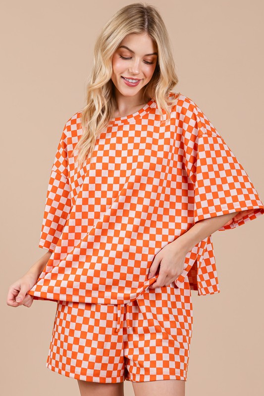 Ces Femme Checkered Top and Shorts Set In Orange