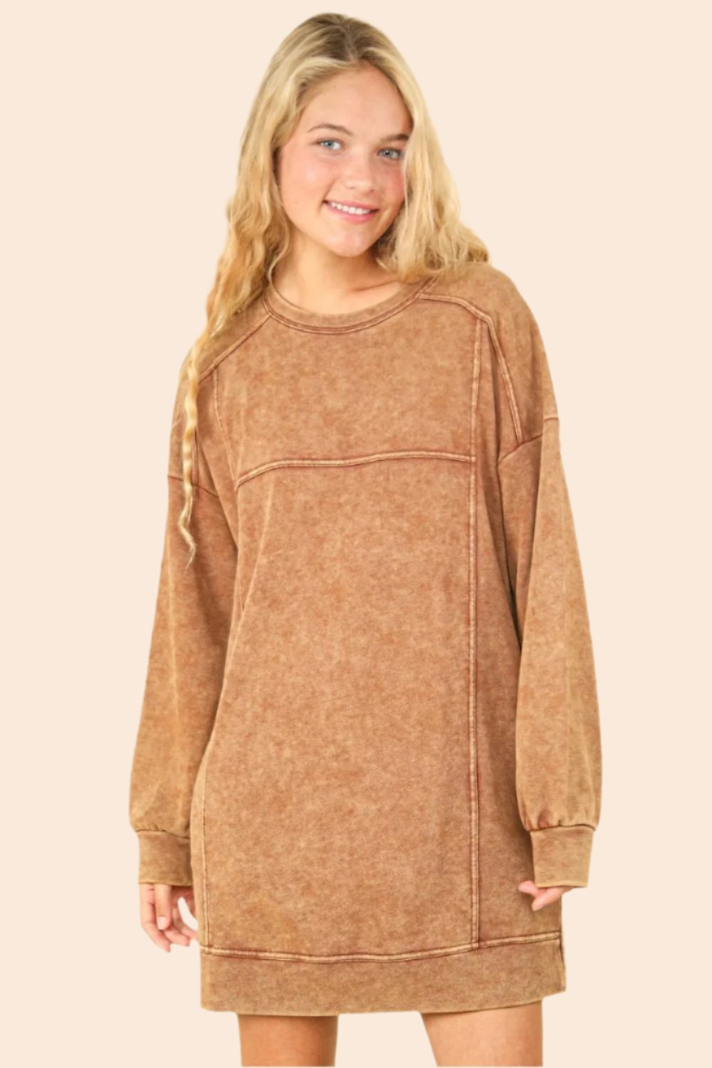 VERY J Mineral Washed Oversized Sweatshirt Mini Dress In Camel