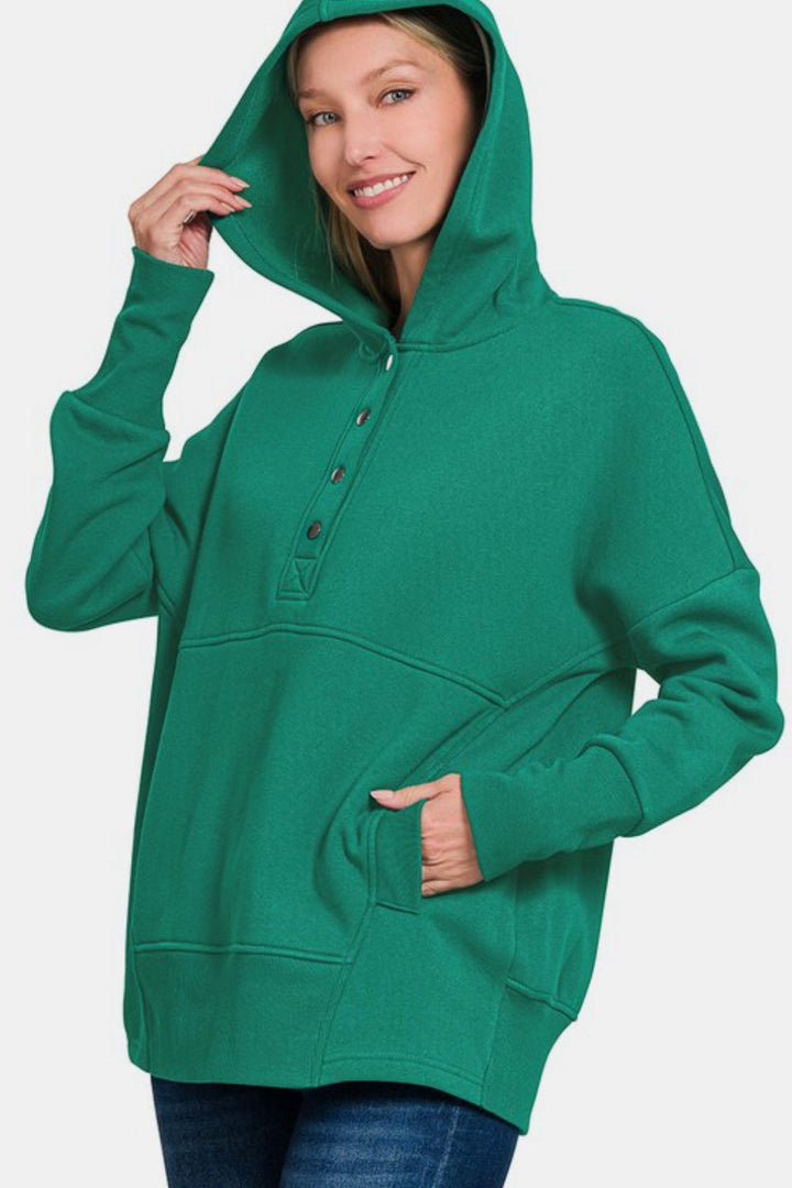 Zenana Half Snap Hoodie with Kangaroo Pocket In Dark Green