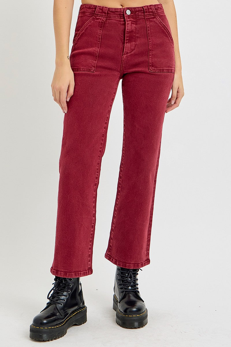 RISEN High Rise Straight Jeans with Patch Pockets In Wine