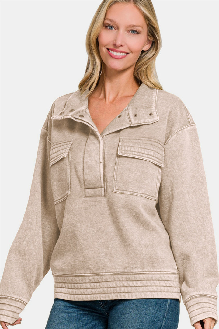 Zenana Acid Washed Half Snap Fleece Sweatshirt In Ash Mocha