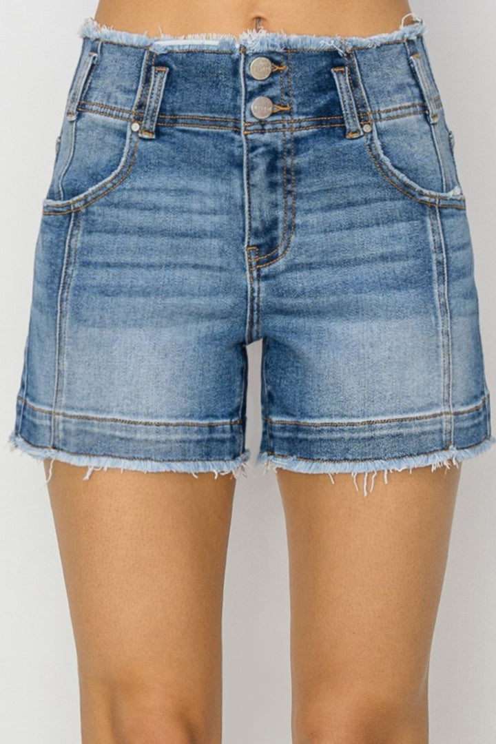 RISEN Julia High Rise Seam Detailed Raw Edge Denim Shorts