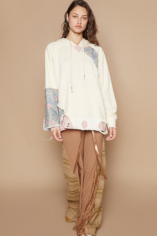 POL Floral Patchwork Distressed Hoodie In Cream