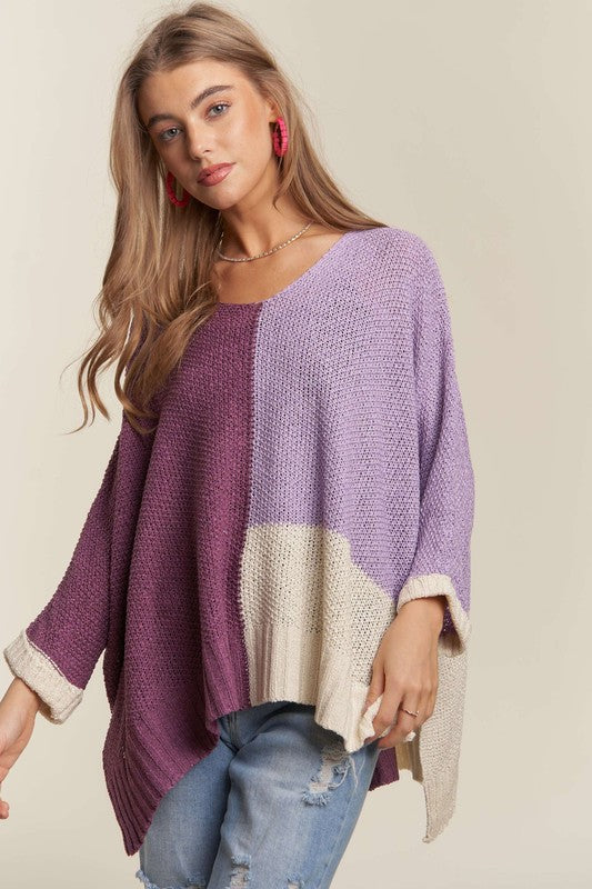 ADORA Side Slit Color Block Sweater In Deep Purple