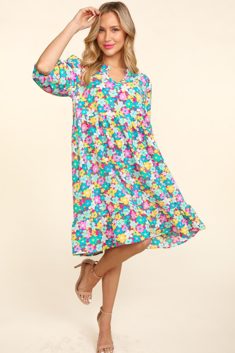 Sea Bubble Sleeve Floral Ruffled Dress