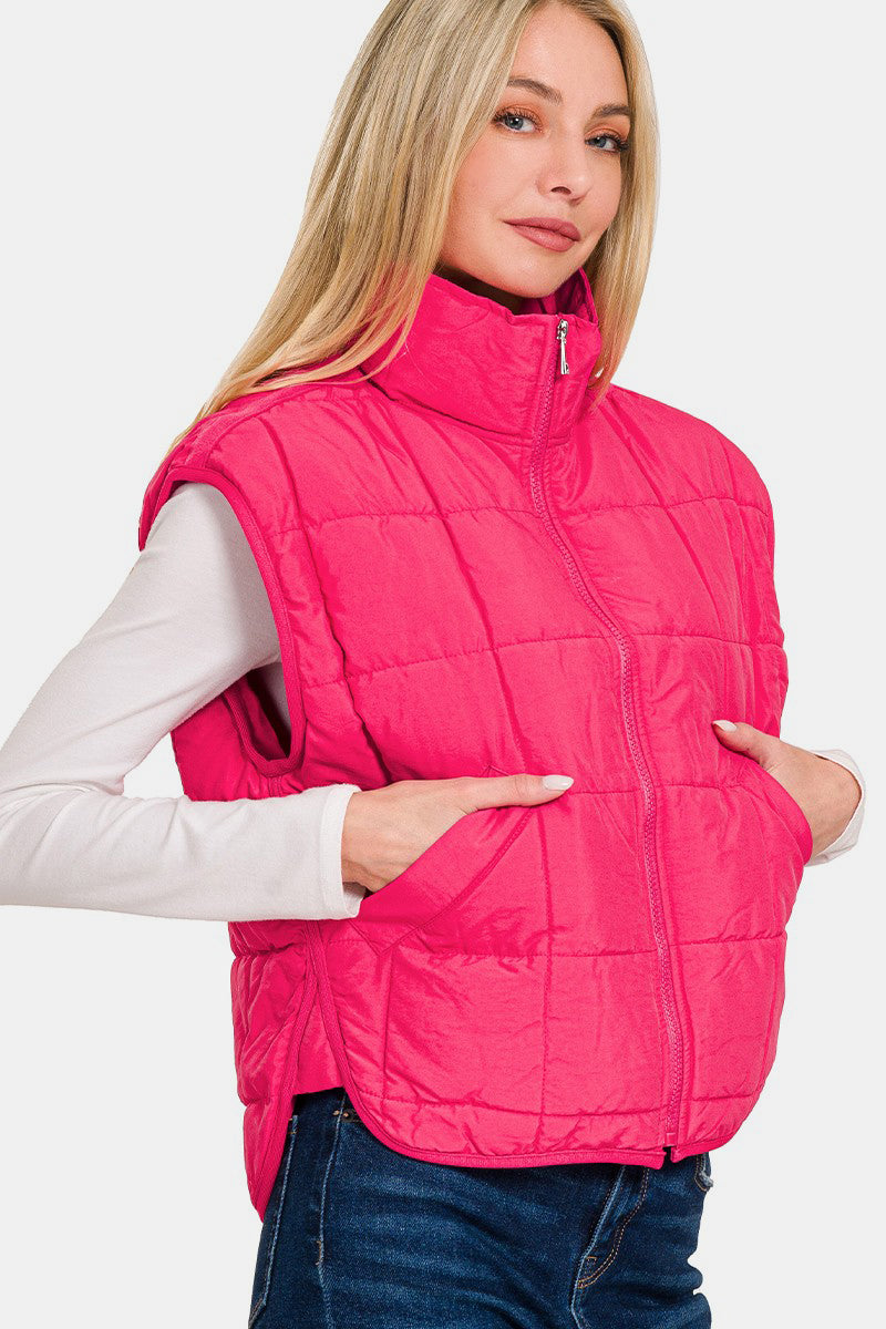 Zenana Zip Up Cropped Puffer Vest with Pockets In Hot Pink