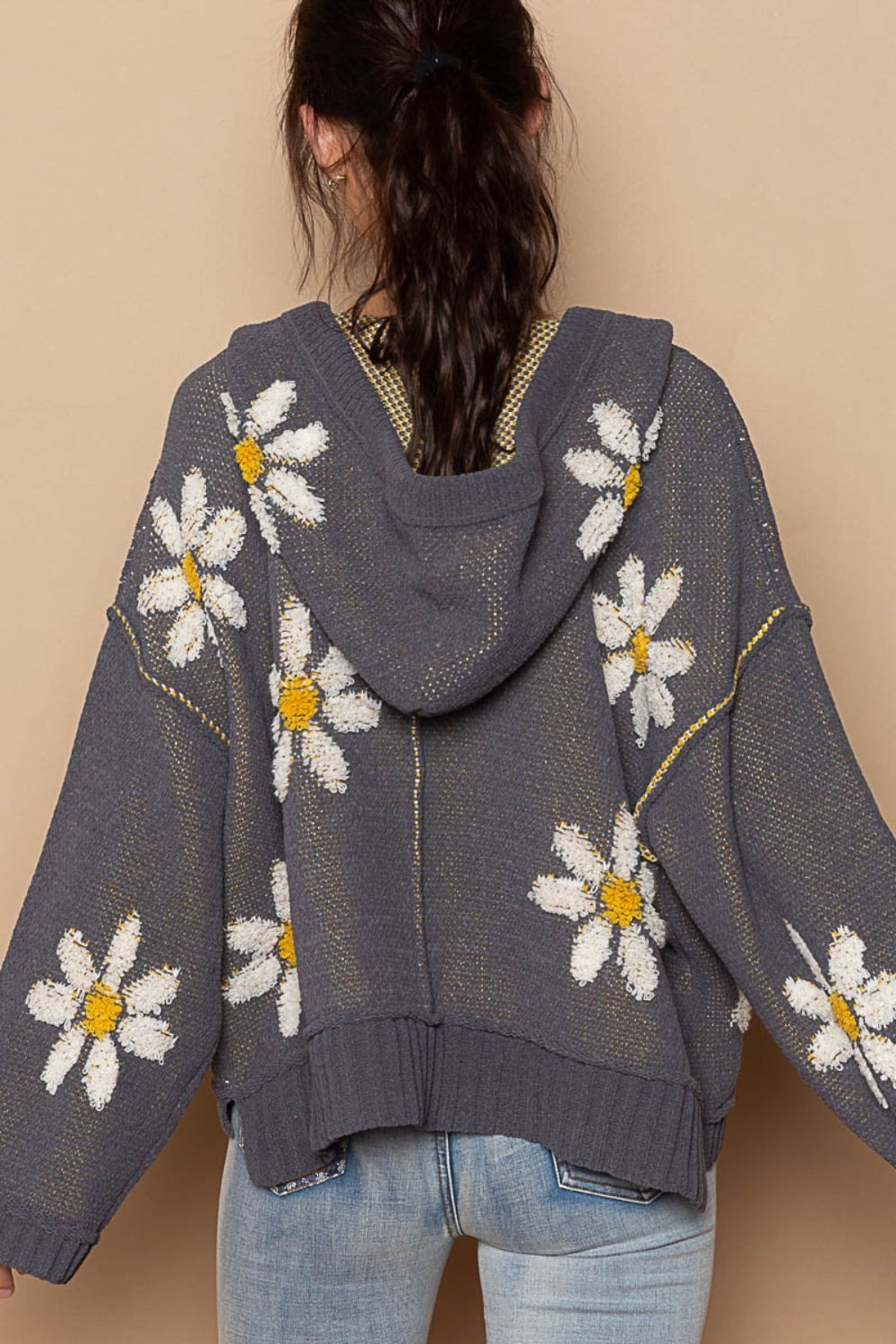 POL Floral Pattern Hooded High-Low Sweater In Charcoal