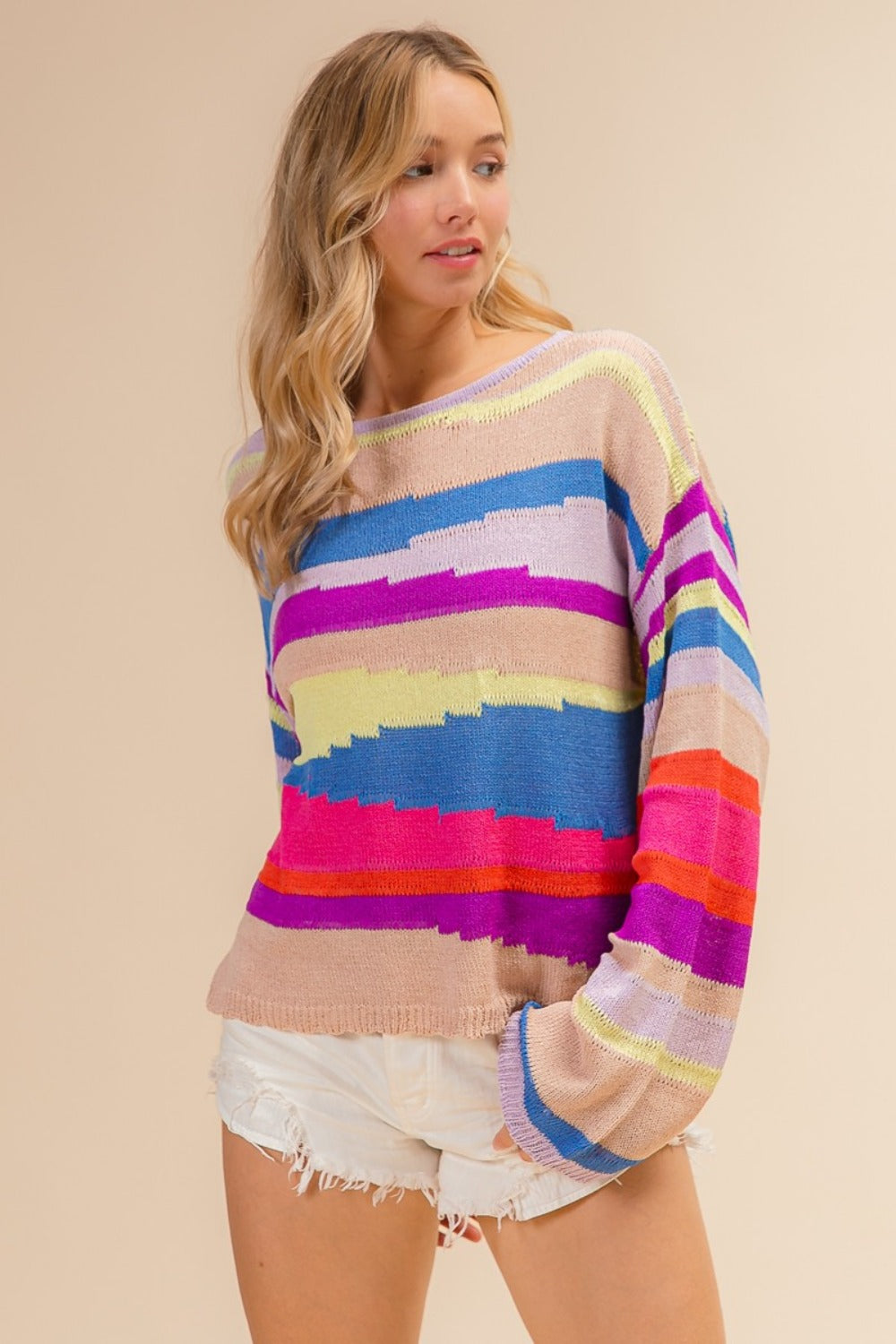 BiBi Multi Color Geometric Stripe Sweater In Latte