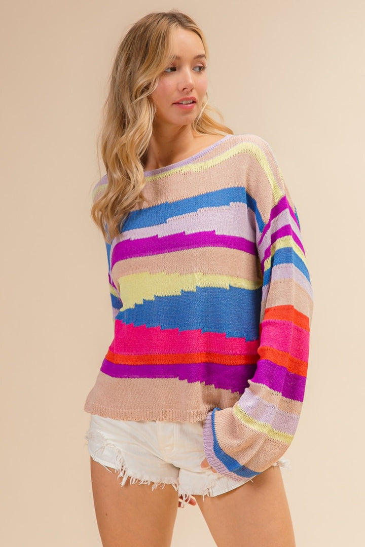 BiBi Multi Color Geometric Stripe Sweater In Latte