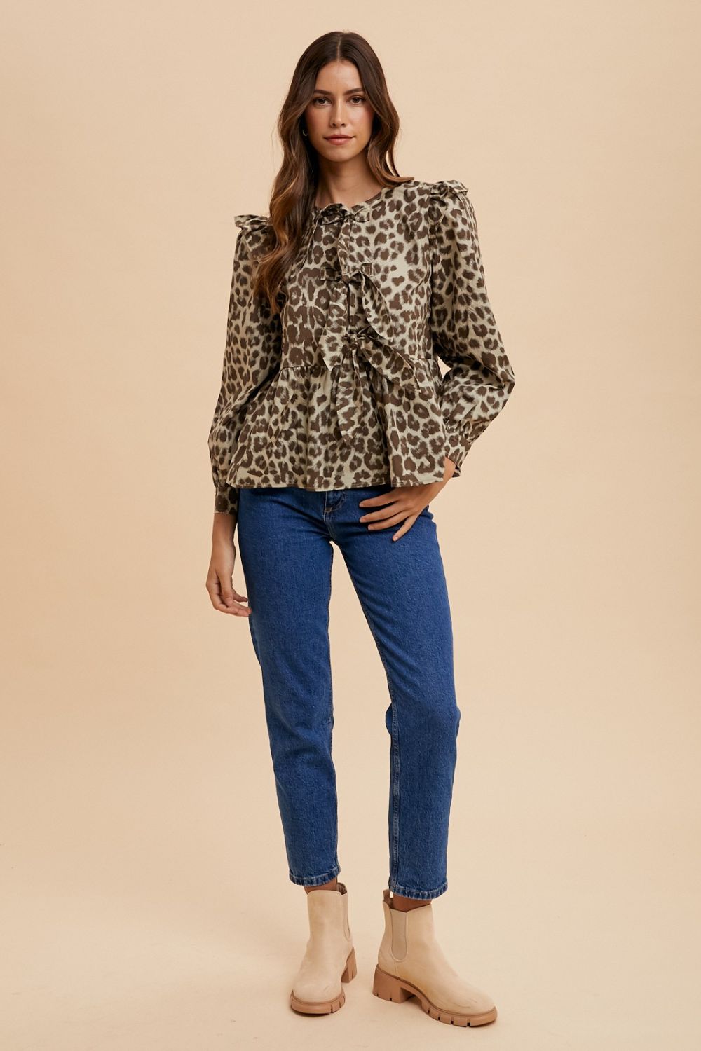 Annie Wear Tied Leopard Peplum Blouse In Mocha