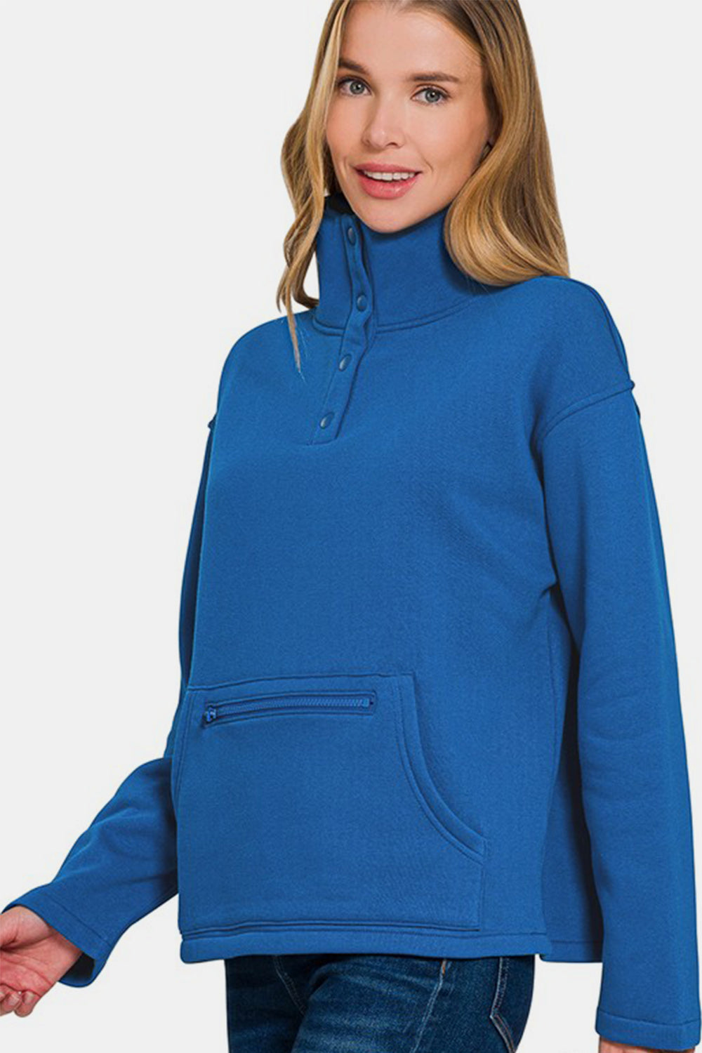 Zenana Turtleneck Half Snap Fleece Sweatshirt In Royal