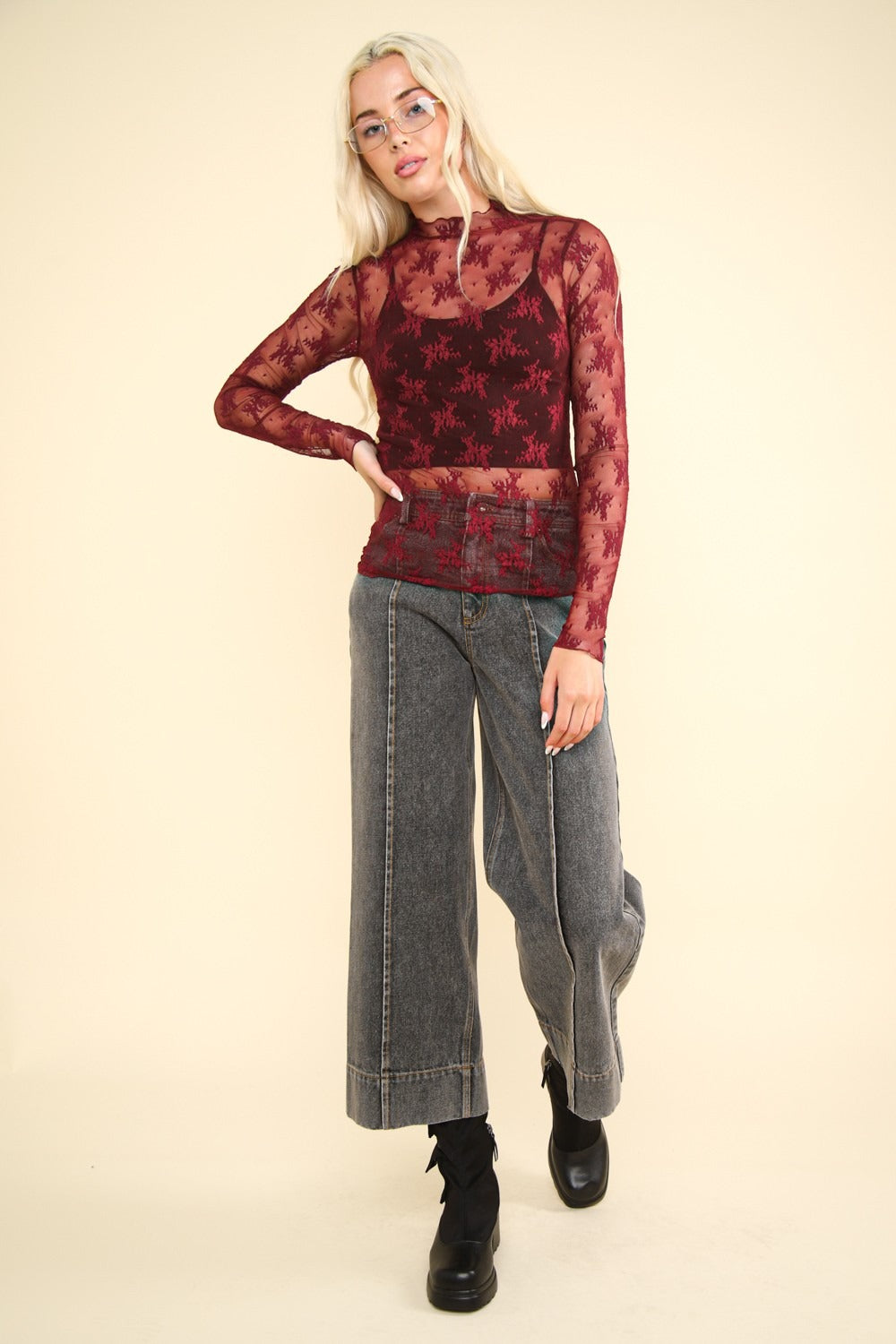 VERY J Mock Neck Fitted Sheer Mesh Lace Blouse In Wine