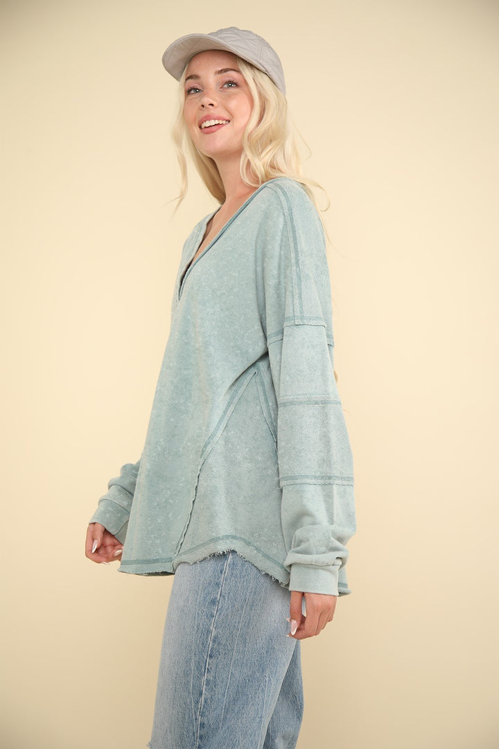 VERY J Washed V-Neck Exposed Seam Knit Top In Sage