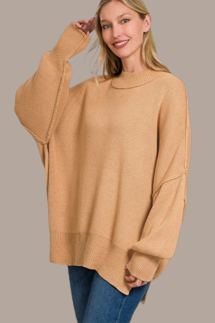 Zenana Side Sit Oversize Sweater In DK Brush