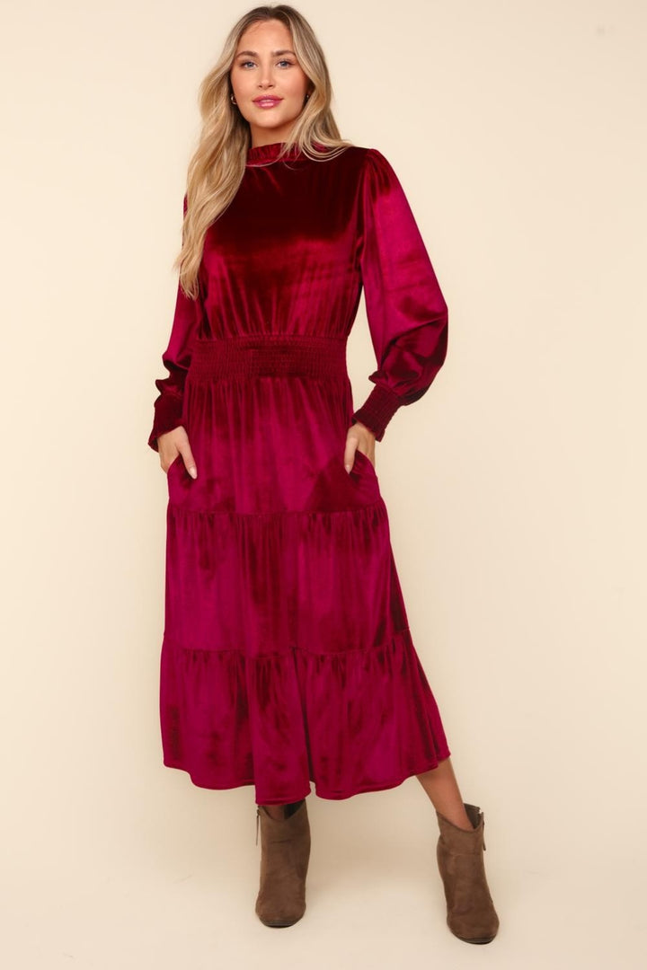 Haptics Mock Neck Smocked Waist Velvet Tiered Dress In Burgundy