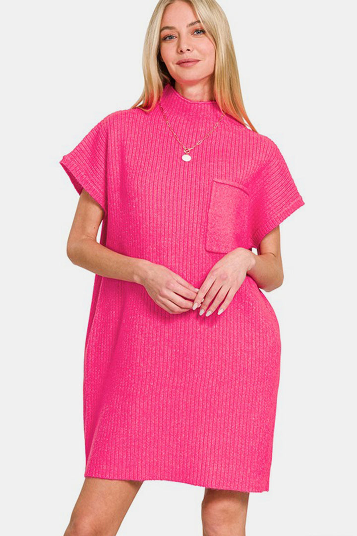 Zenana Short Sleeve Sweater Mini Dress In Hot Pink