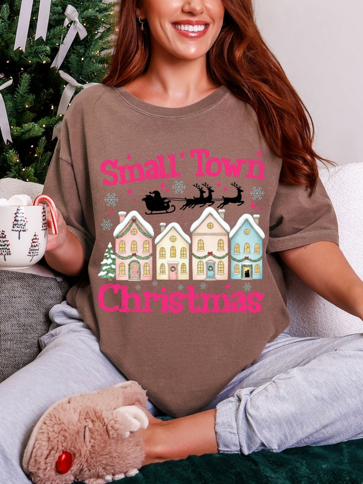 Comfort Colors Preppy Pink Small Town Christmas T-Shirt