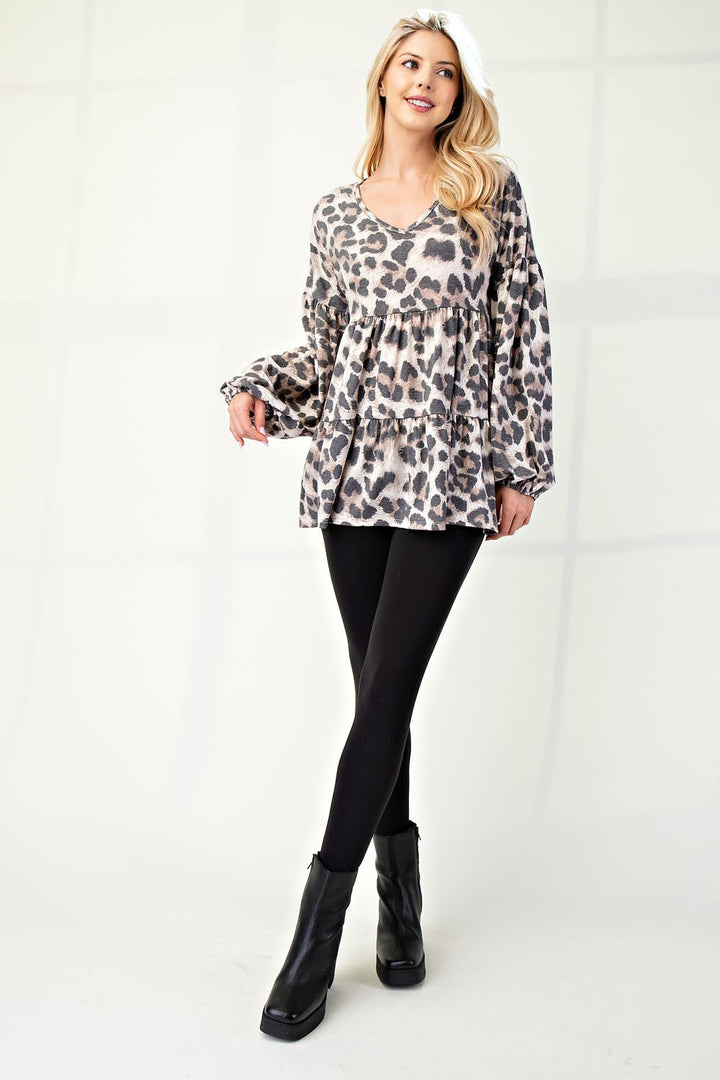 Celeste Leopard V-Neck Balloon Sleeve Blouse In Leopard