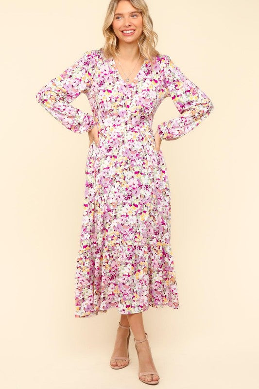 Haptics Floral V-Neck Long Sleeve Dress with Side Pockets In Lilac