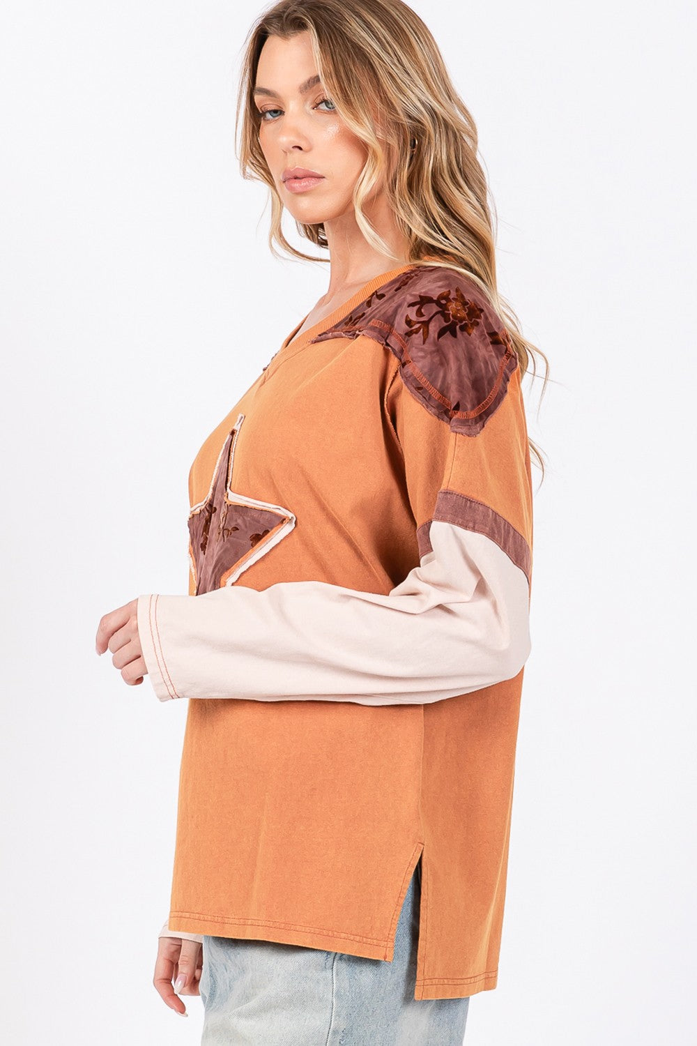 SAGE + FIG Star Patch Long Sleeve Color Block Top In Rust