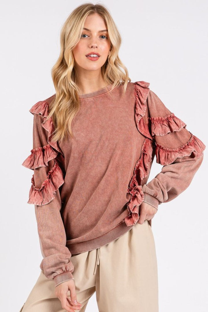 Mittoshop Ruffled Mineral Washed Sweatshirt In Antique Rose