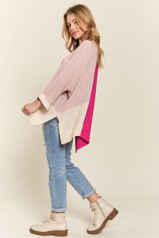 ADORA Side Slit Color Block Sweater In Hot Pink