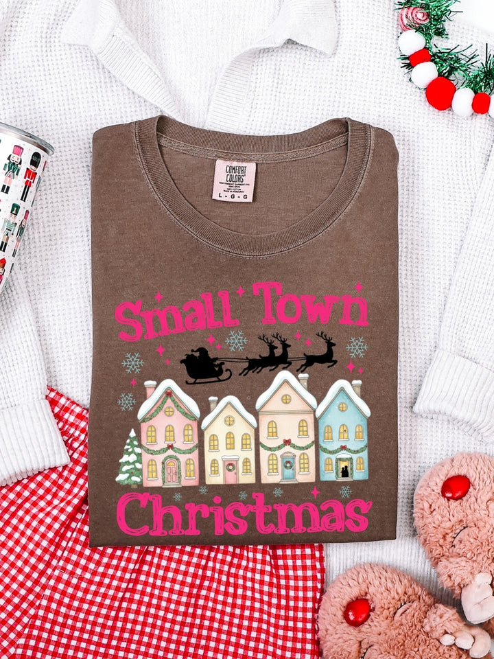 Comfort Colors Preppy Pink Small Town Christmas T-Shirt
