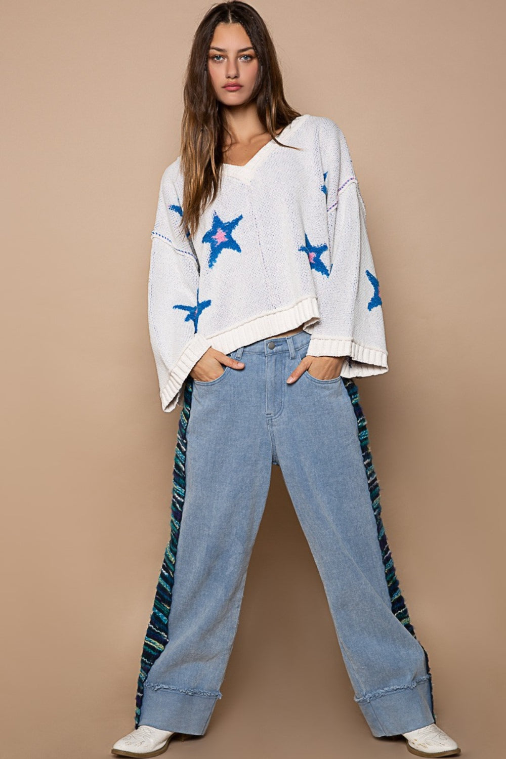 POL Long Sleeve Star Patch Sweater In White