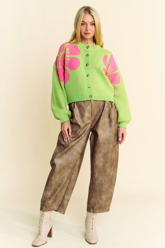 Davi & Dani Flower Contrast Cardigan In Lime