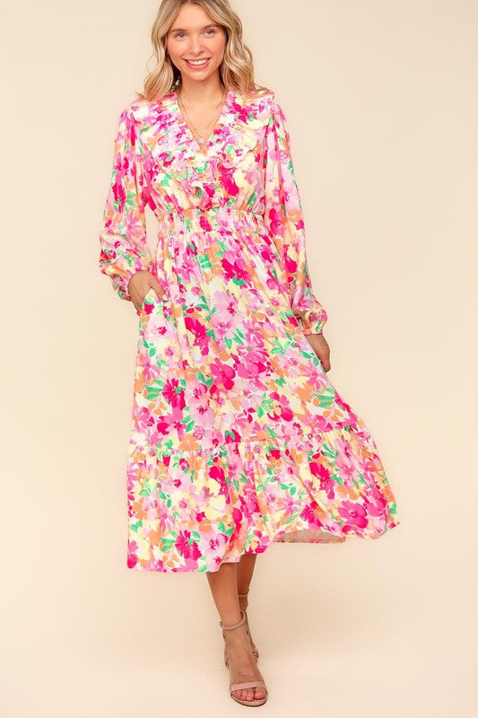 Haptics Floral Surplice Balloon Sleeve Dress with Side Pockets In Multi