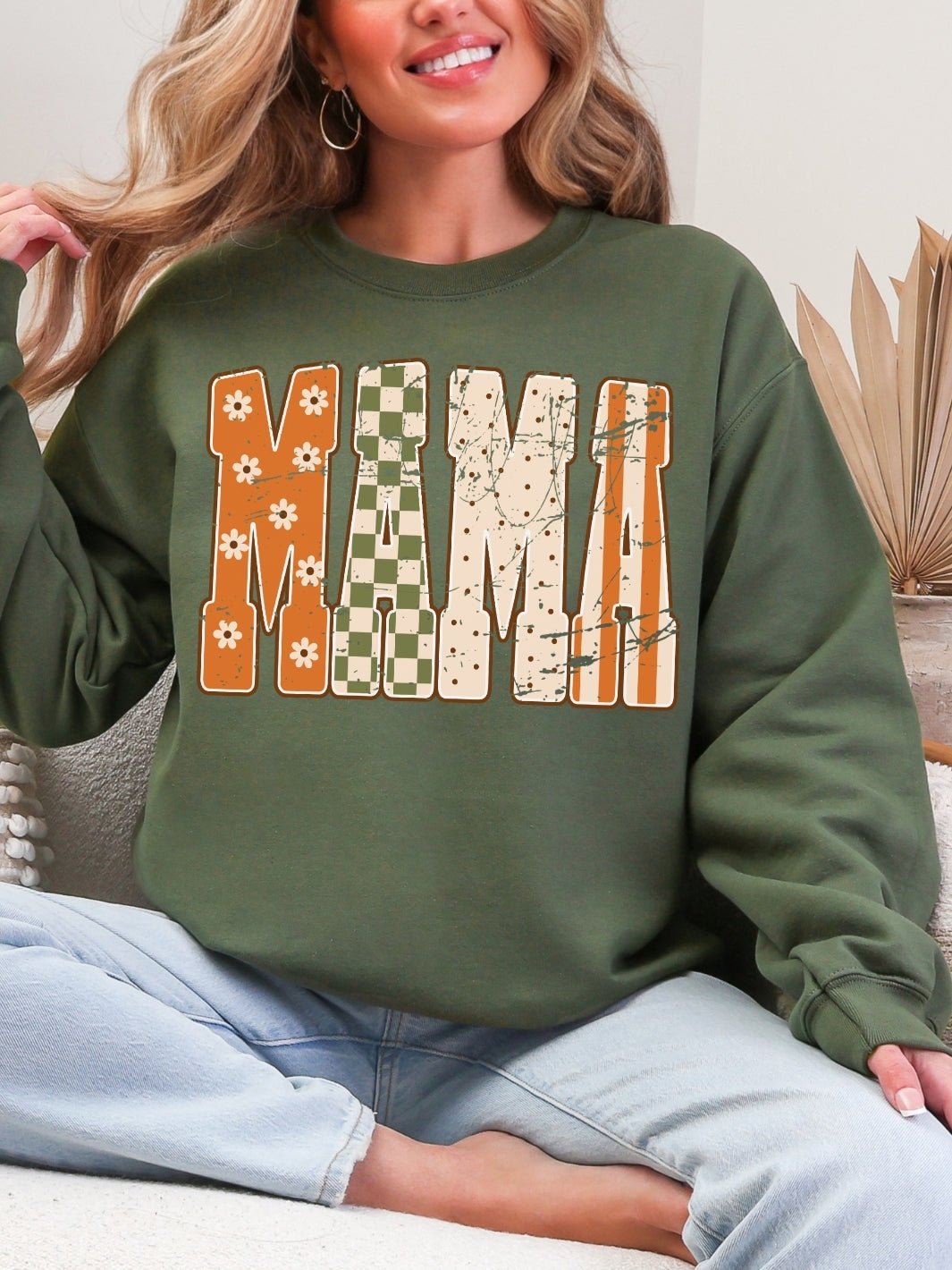Retro Distressed Boho Mama Graphic Crewneck Sweatshirt